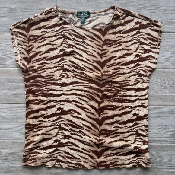 L-RL Lauren Active Ralph Lauren Womens Beige Brown Zebra Print Cap Sleeve Top 1X - Picture 1 of 8